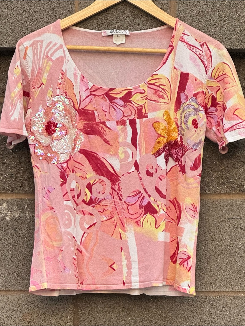 Women’s Y2K Loulou Pink Floral Sequin Scoop Neck Top XL